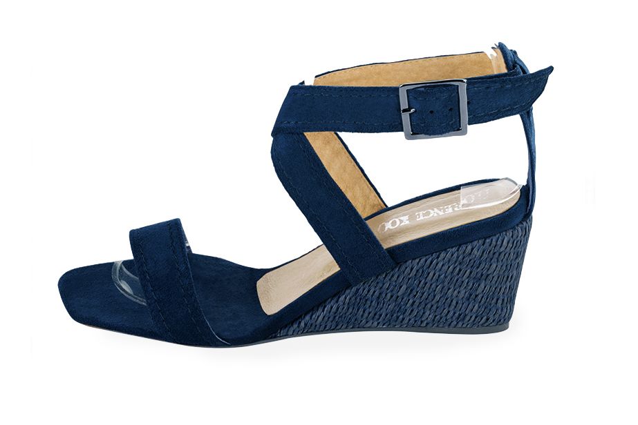 Navy blue elegant sandals with cross straps across the instep, fully open. Square toe. Medium wedge heels. - Florence KOOIJMAN